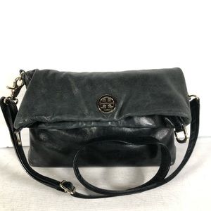 Tory Burch Womens Black Pebbled Leather Dena Convertible Medium Crossbody Purse